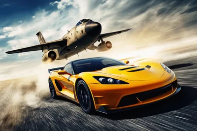 Yellow Sports Car Racing Alongside A Fighter Jet
