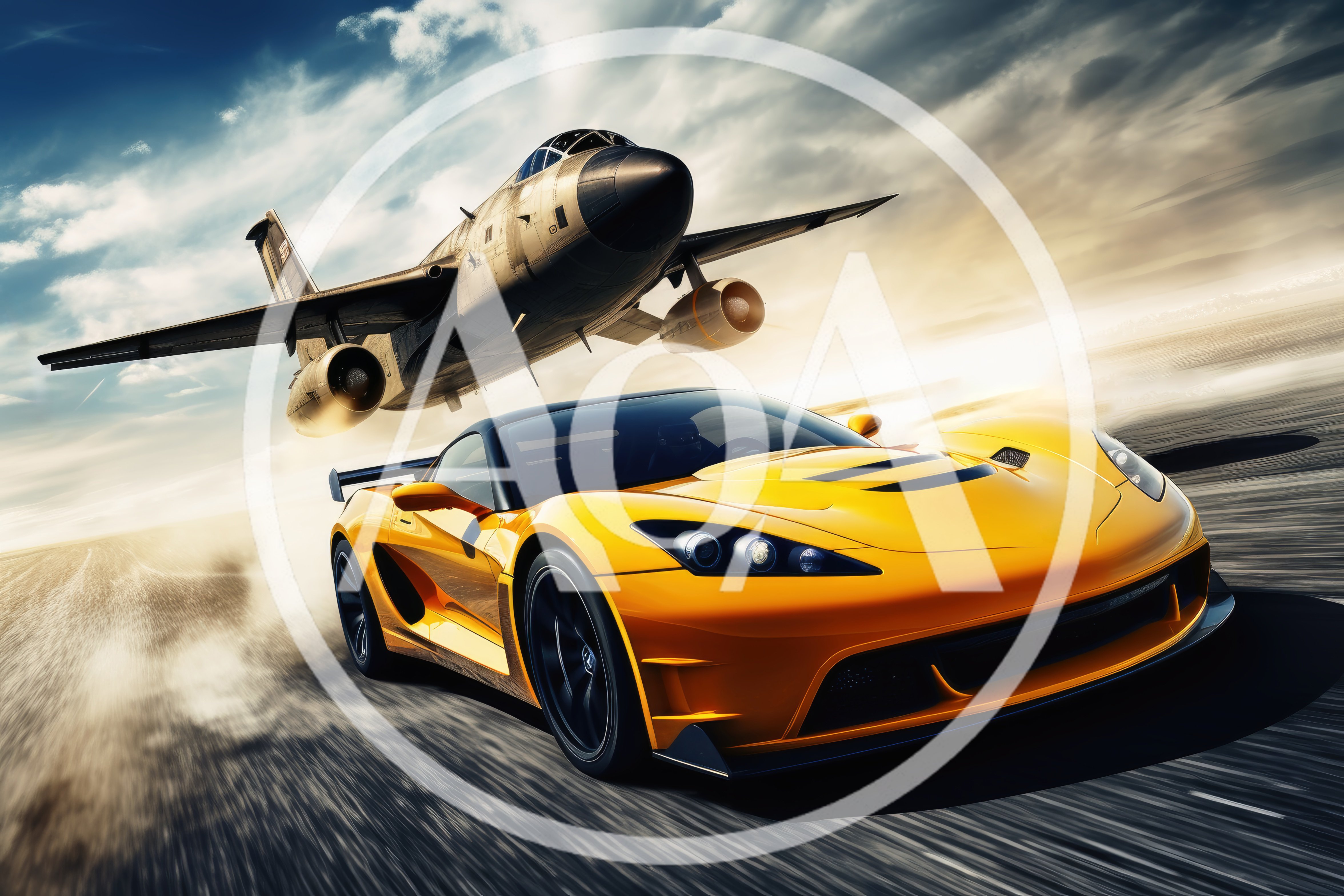 Yellow Sports Car Racing Alongside A Fighter Jet