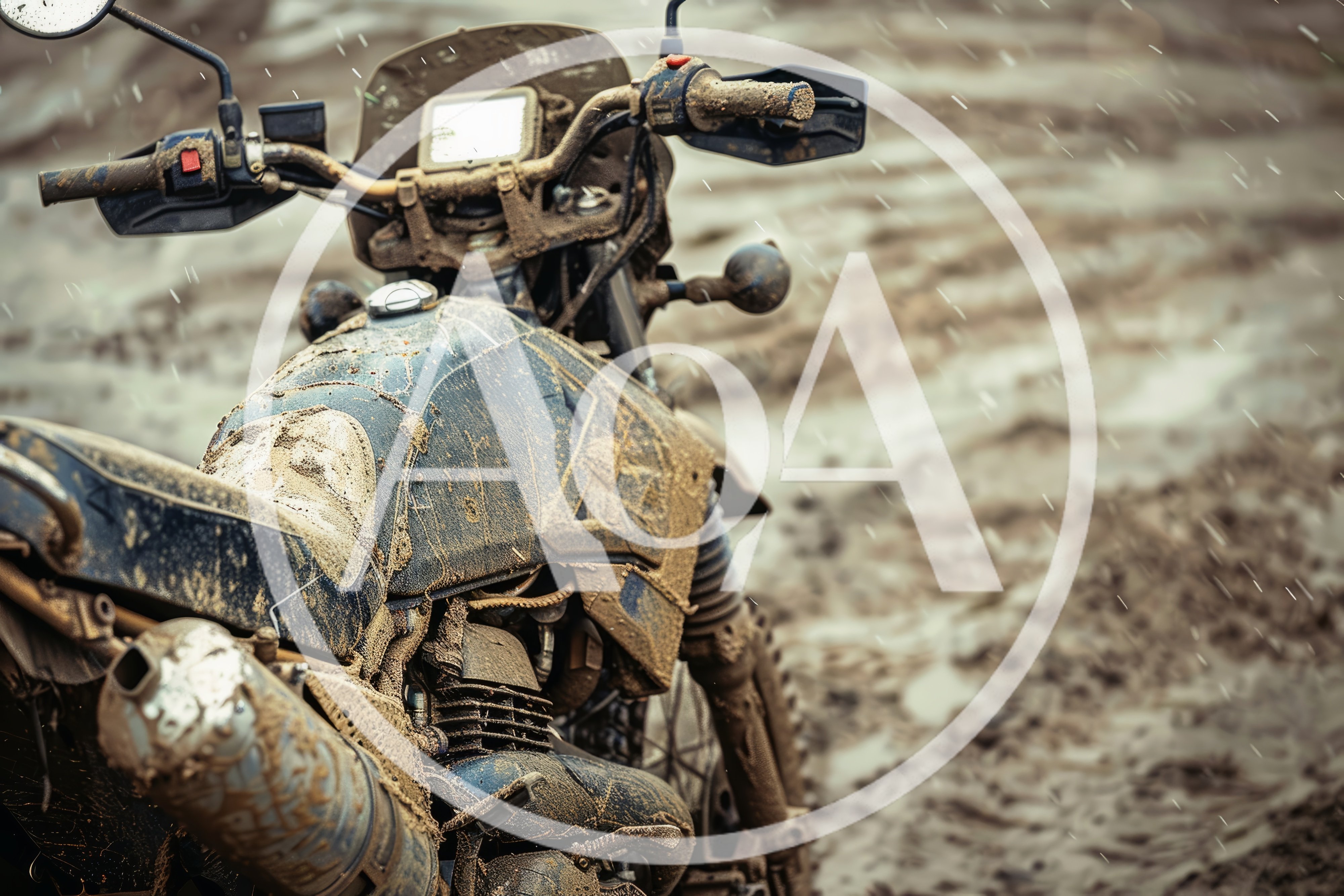 Muddy Dual Sport Motorcycle Parked In Rainy Terrain