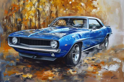 Oil Painting Of A Classic Blue Muscle Car