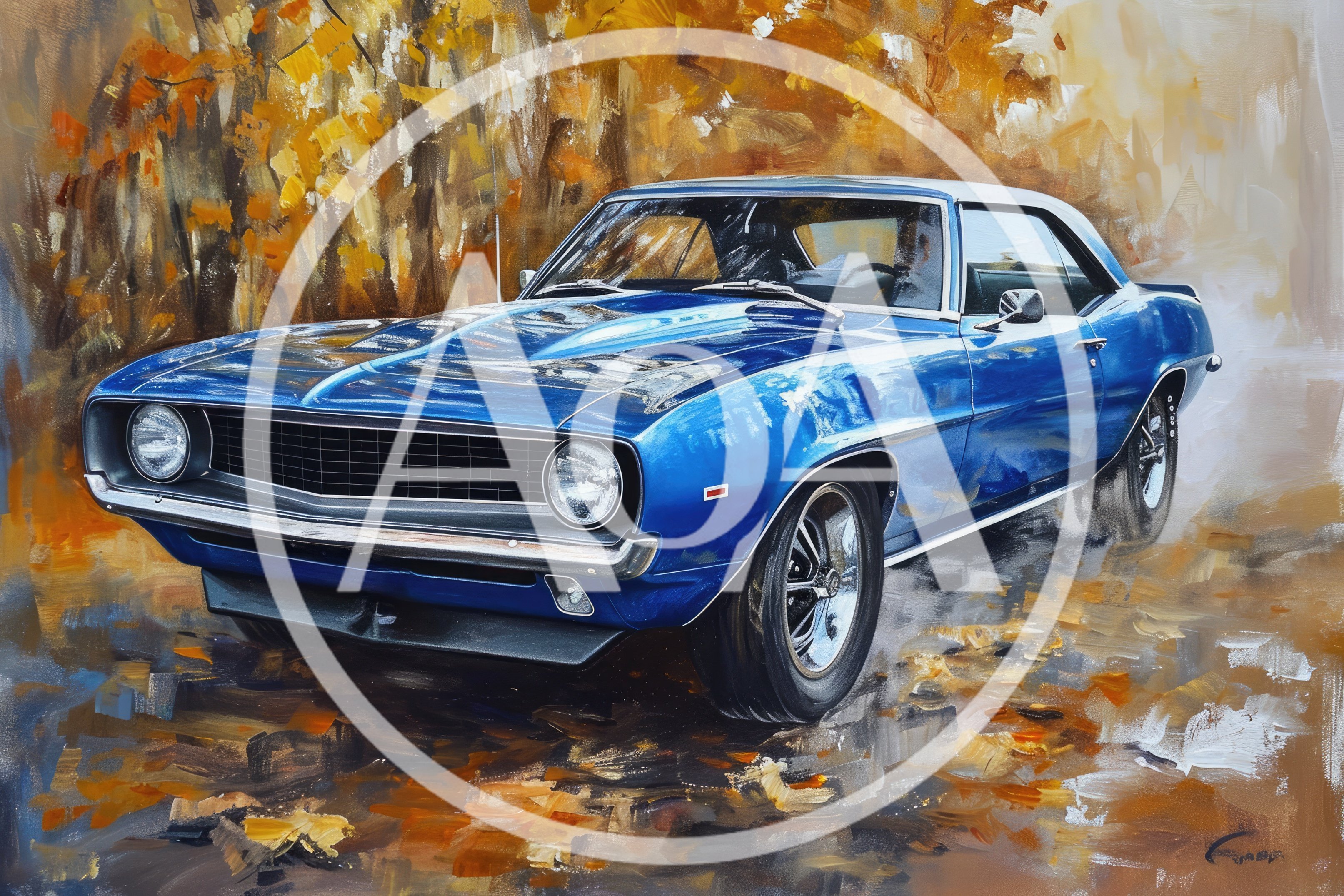 Oil Painting Of A Classic Blue Muscle Car