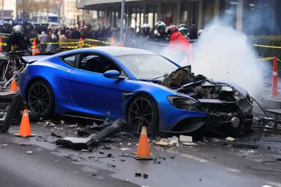 Damaged Blue Sports Car After A Road Accident