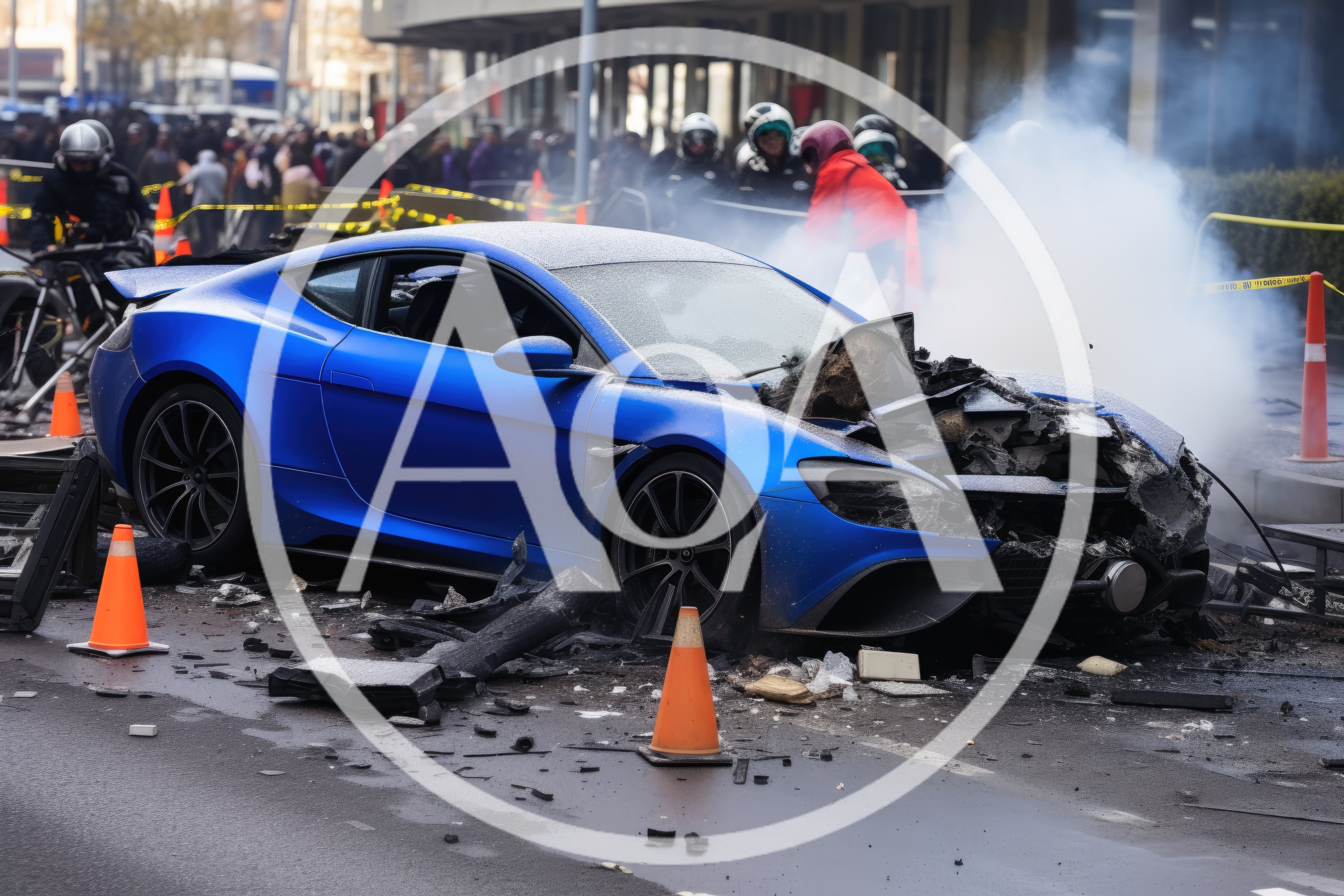 Damaged Blue Sports Car After A Road Accident