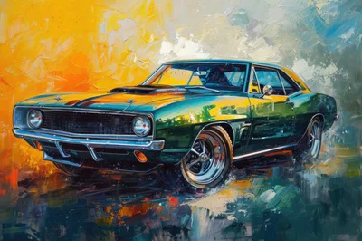 Impressionist Oil Painting Of A Classic Green Muscle Car