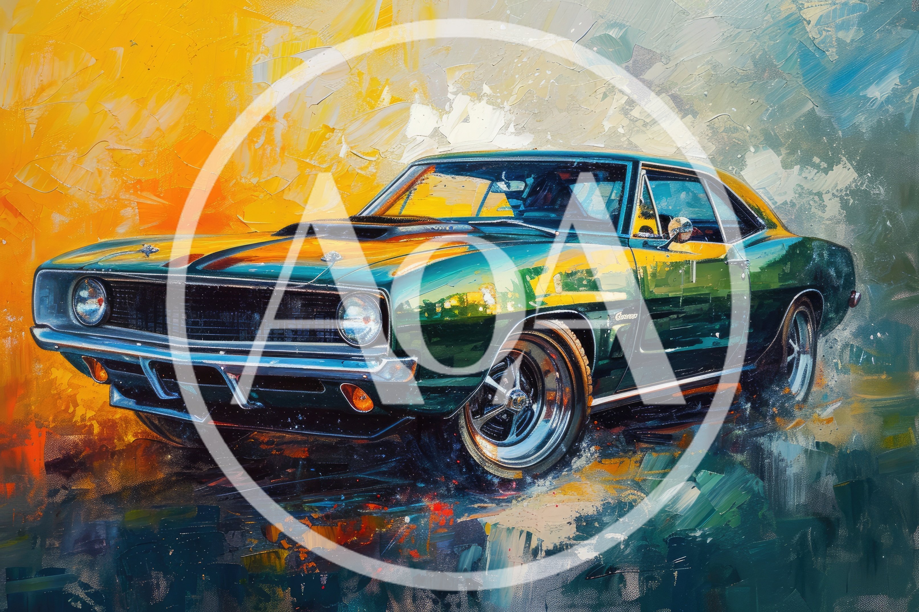 Impressionist Oil Painting Of A Classic Green Muscle Car