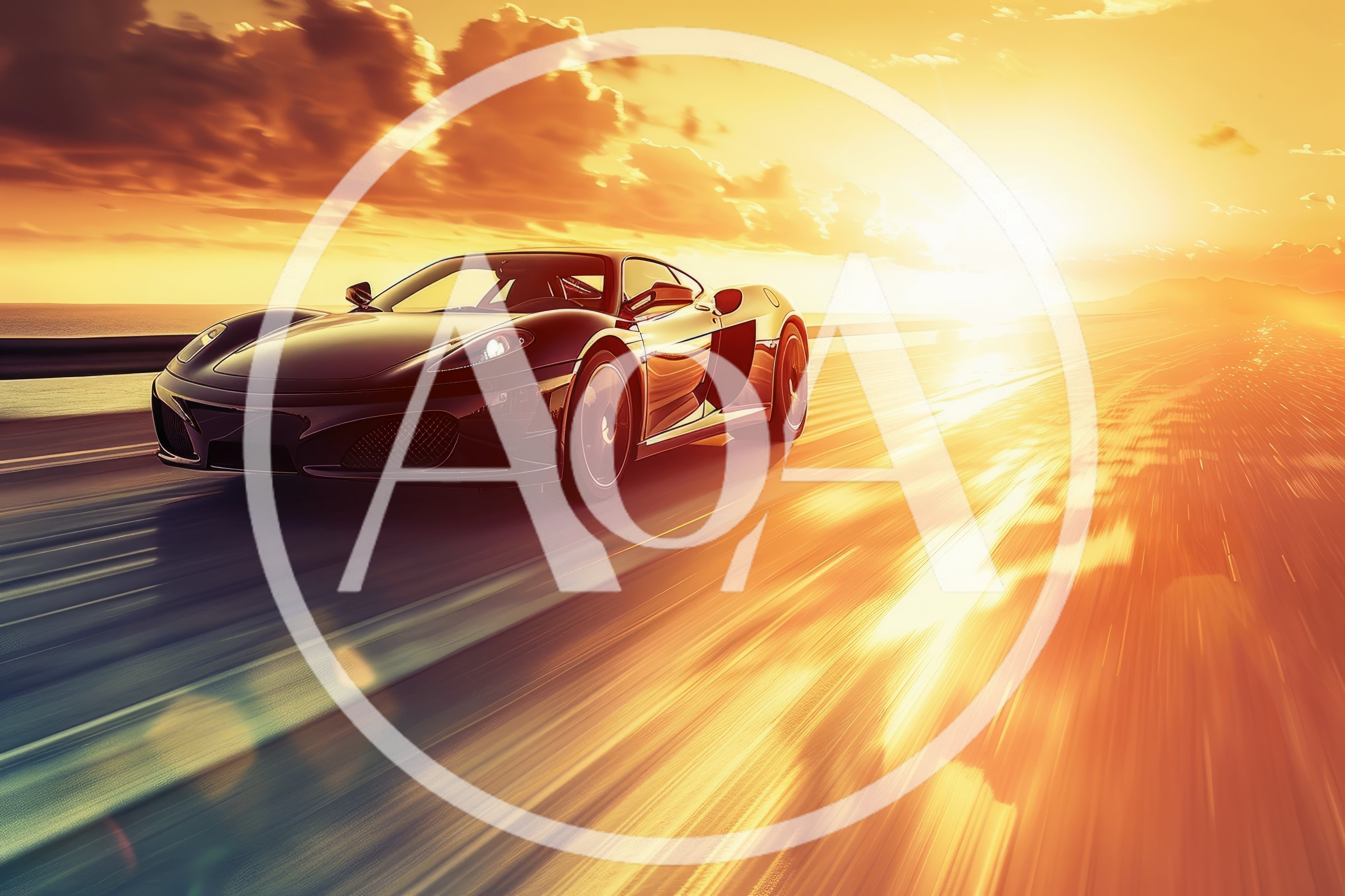 Black Supercar Driving Fast Along Coastal Highway At Sunset