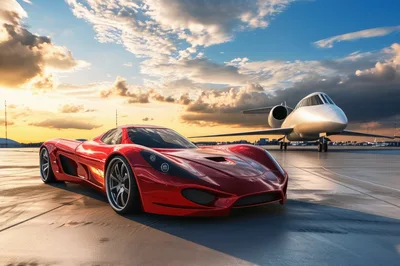Red Supercar Parked Near Private Jet At Sunset