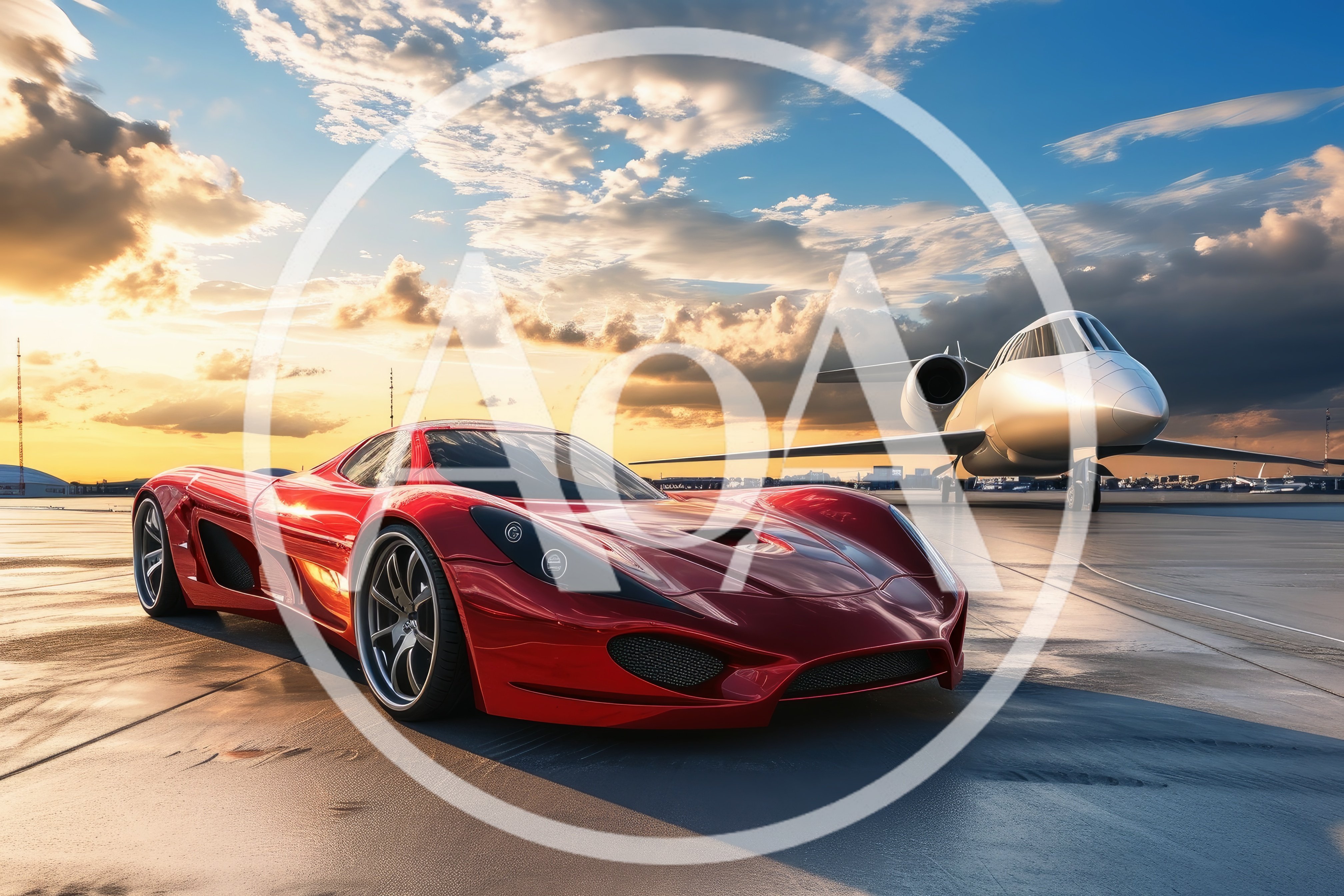 Red Supercar Parked Near Private Jet At Sunset