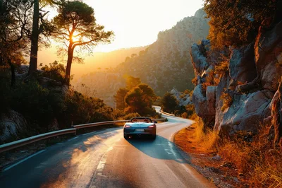 Silver Convertible Driving Along A Winding Mountain Road