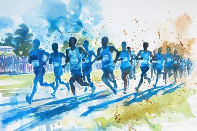 Watercolor Painting Of Marathon Runners In A Race