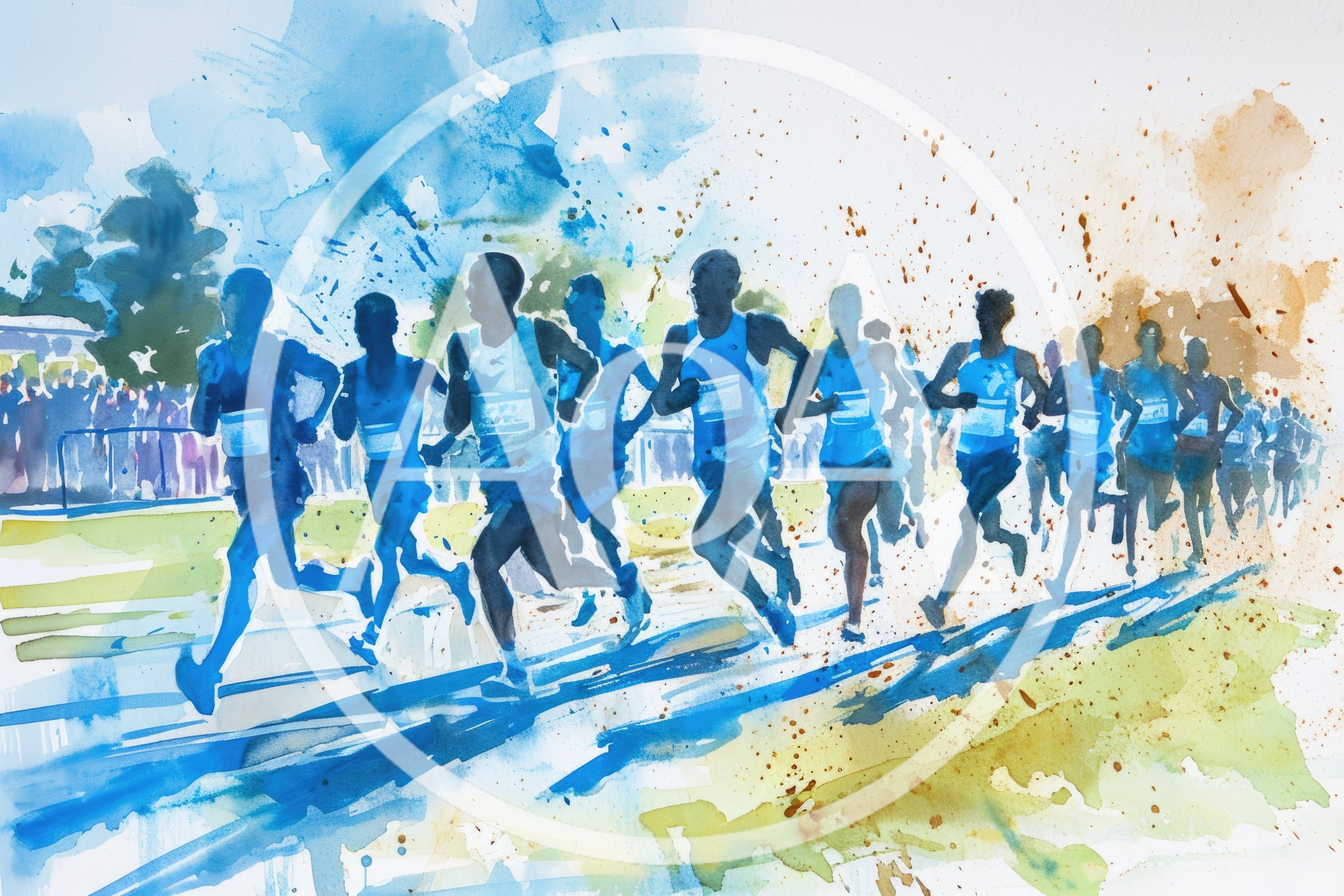 Watercolor Painting Of Marathon Runners In A Race