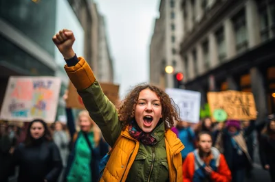 Young Protester With Curly Hair Raising Fist In Protest