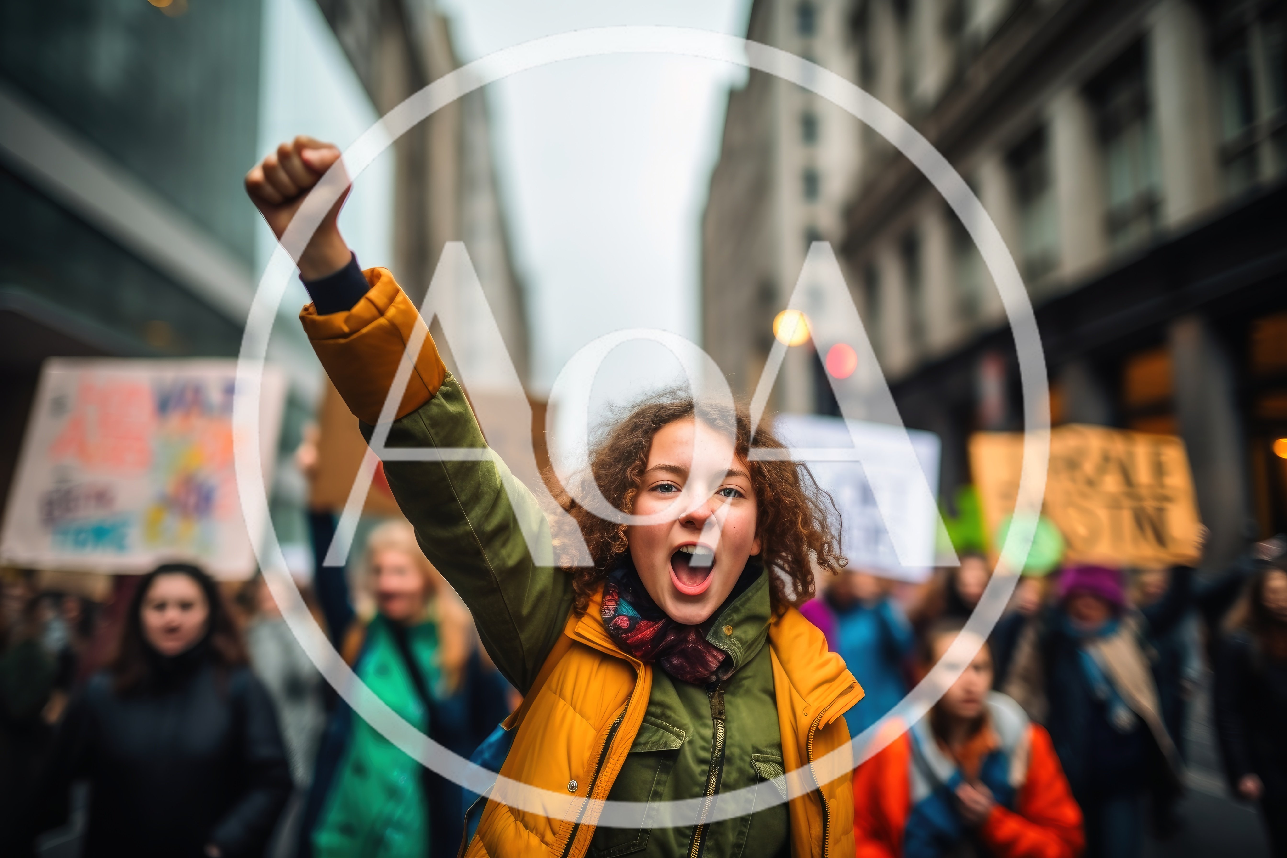 Young Protester With Curly Hair Raising Fist In Protest