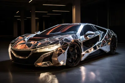 Futuristic Mirror Finished Sports Car In Dark Studio