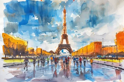 Watercolor Painting Of Runners Near The Eiffel Tower