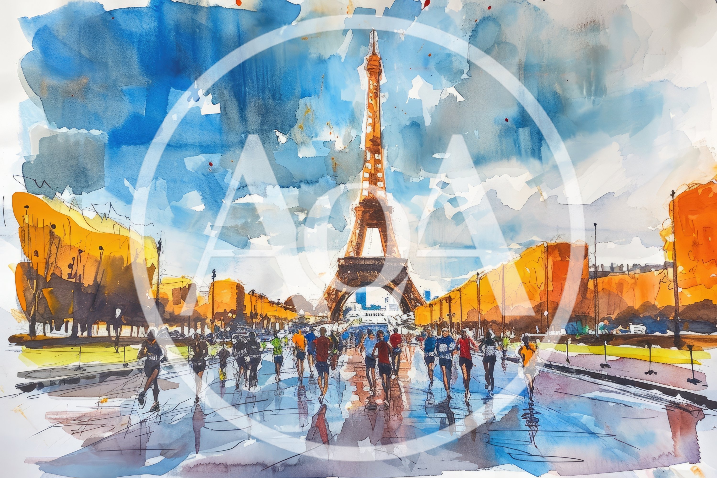 Watercolor Painting Of Runners Near The Eiffel Tower
