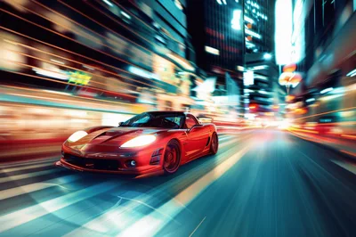 Red Sports Car Speeding Through City Streets At Night