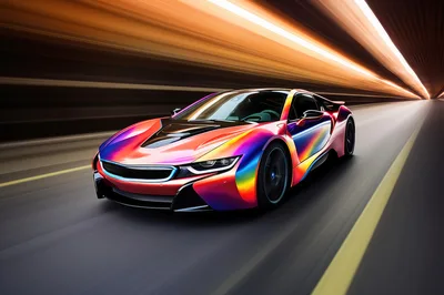 Iridescent Sports Car Driving Through A Motion Blurred Tunnel