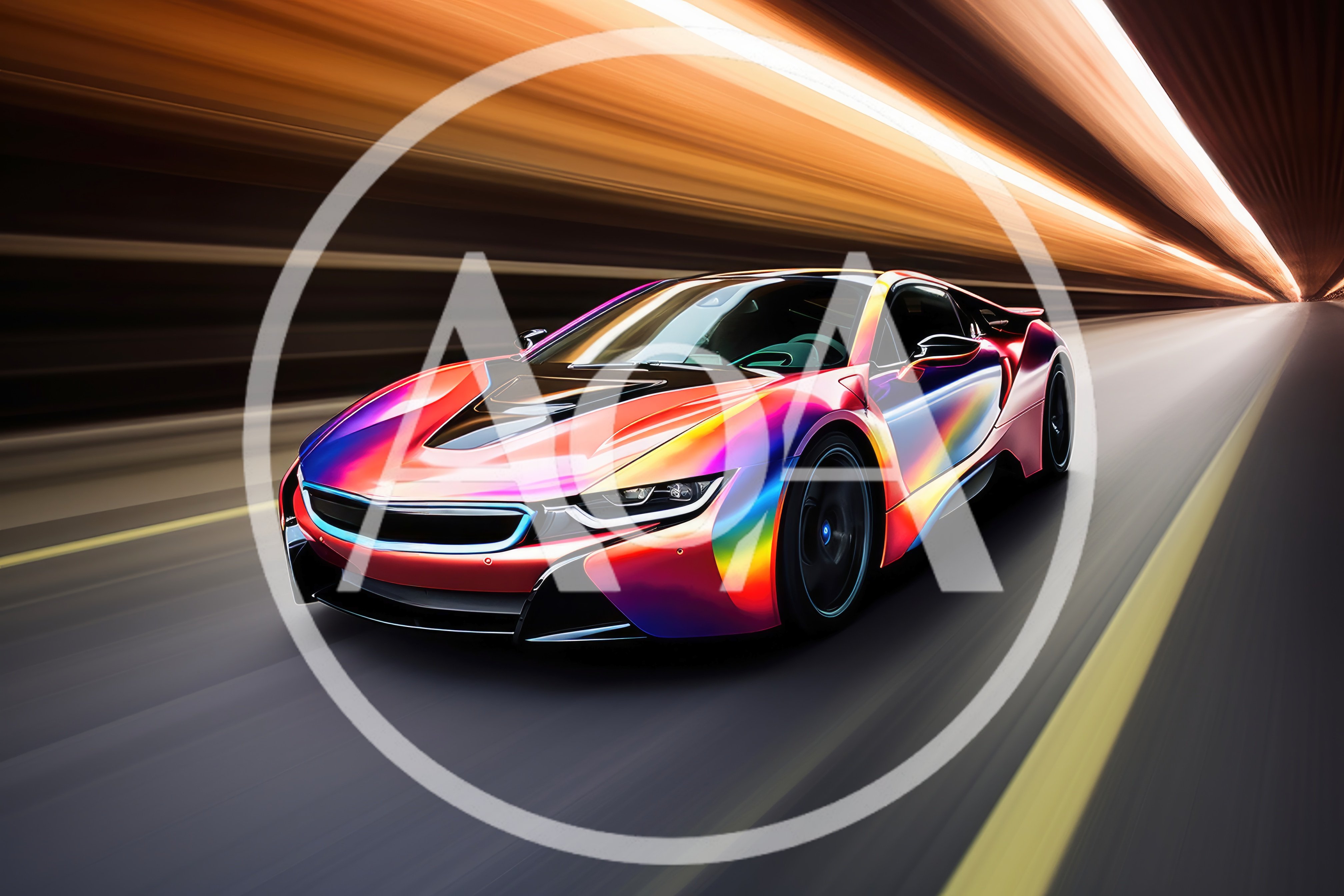 Iridescent Sports Car Driving Through A Motion Blurred Tunnel