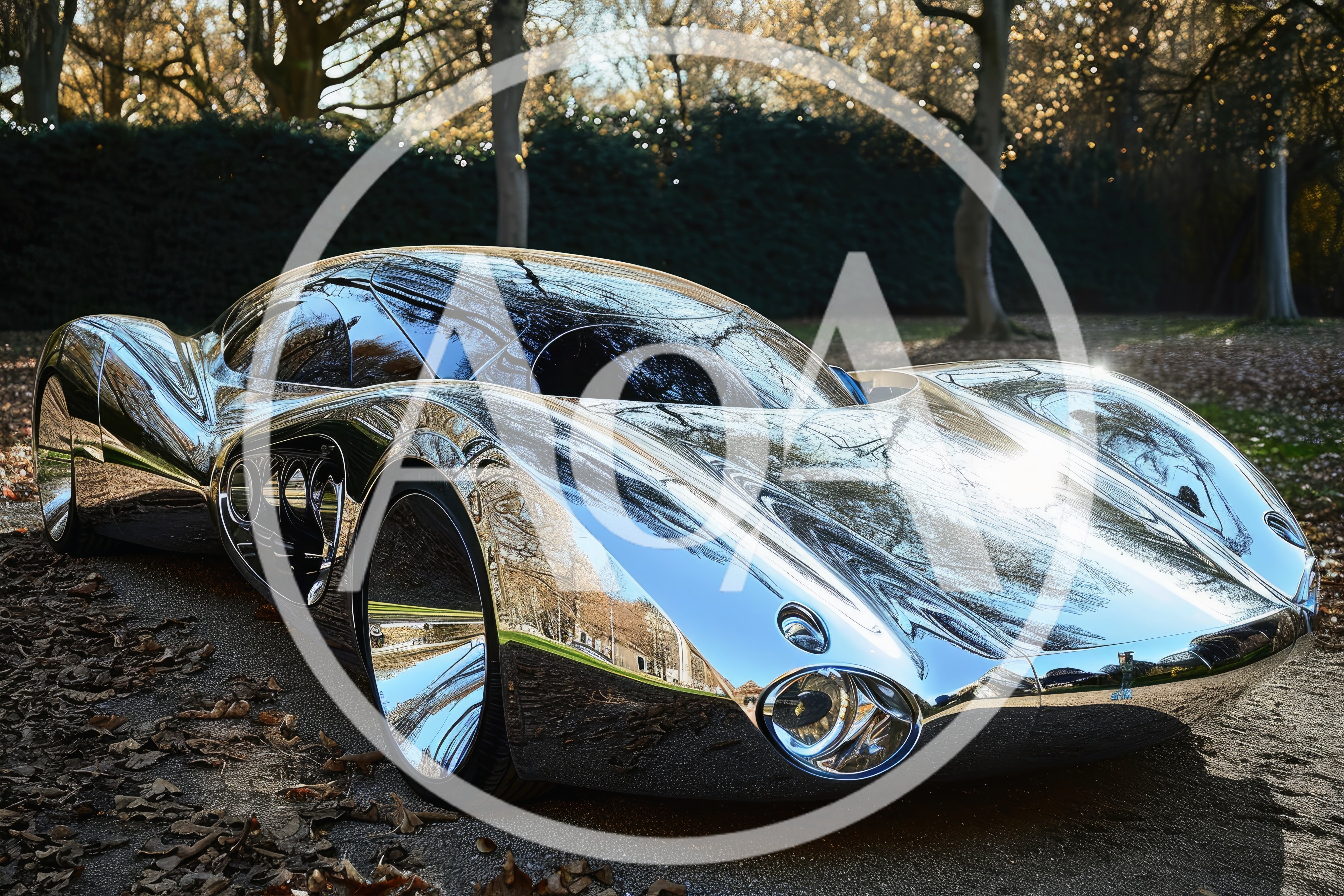 Futuristic Chrome Concept Car Parked In Autumn Forest