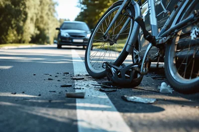 Bicycle Accident Scene With Damaged Helmet On Road
