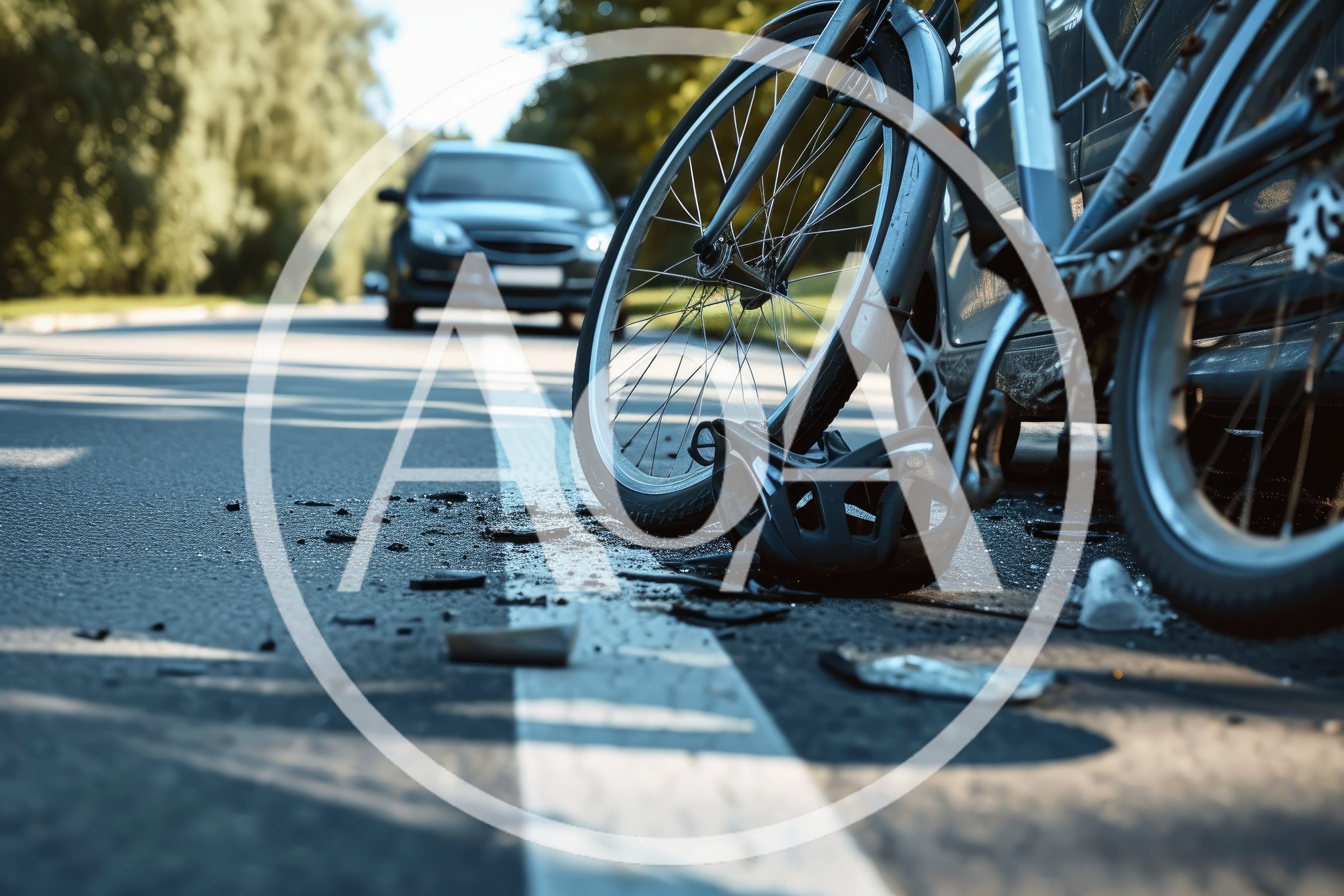 Bicycle Accident Scene With Damaged Helmet On Road