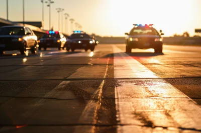 Police Patrol Cars Driving on Airport Tarmac at Sunset