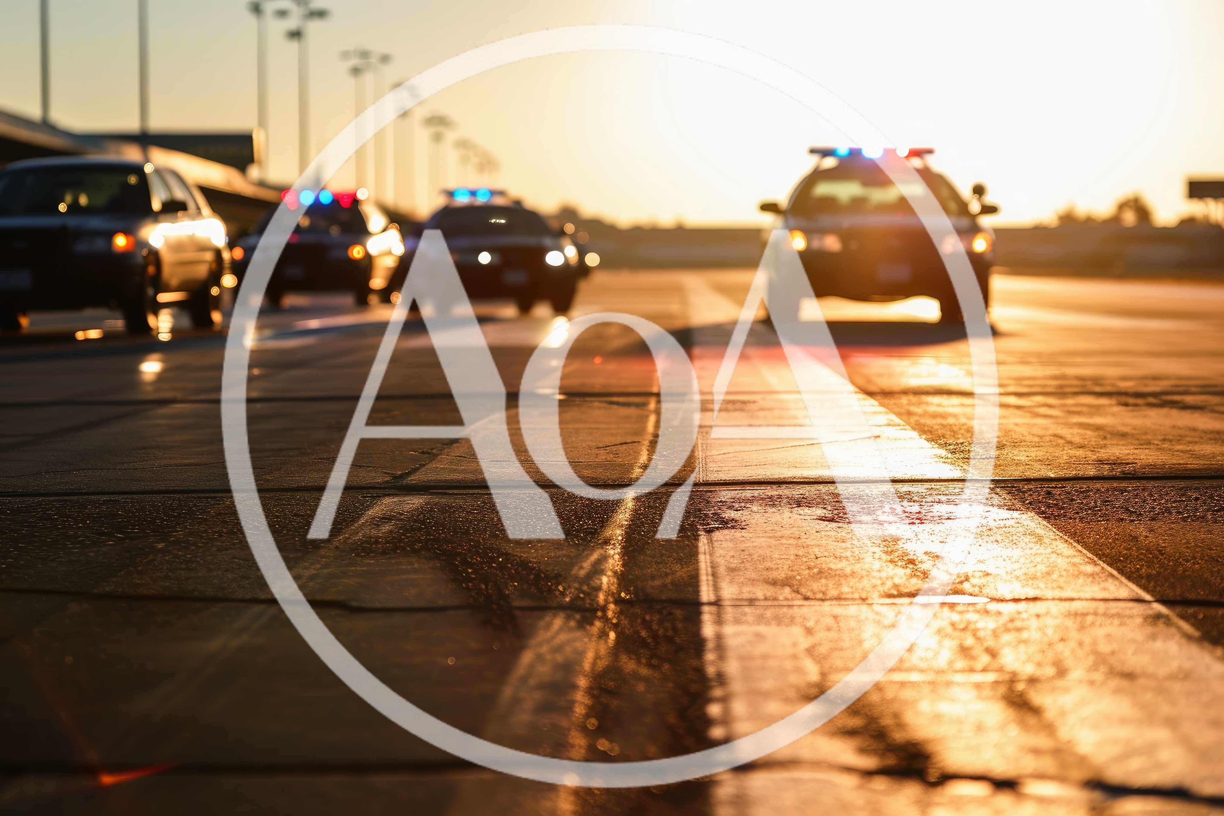 Police Patrol Cars Driving on Airport Tarmac at Sunset