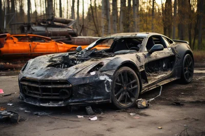 Burnt Out Sports Car In A Junkyard