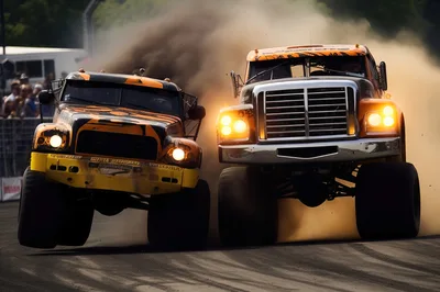 Two Monster Trucks Racing On A Dirt Track