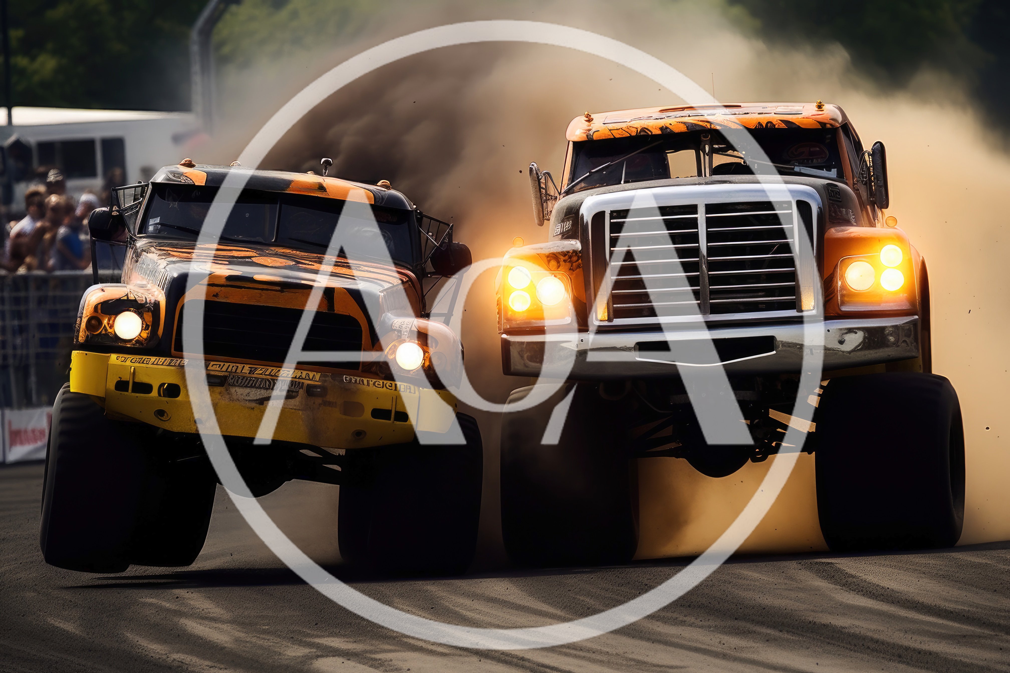 Two Monster Trucks Racing On A Dirt Track