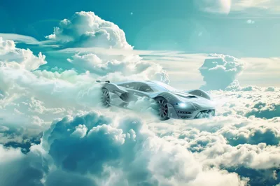 Futuristic Sports Car Flying Through Clouds