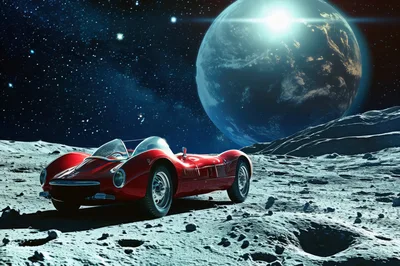 Vintage Red Sports Car Parked On Lunar Surface