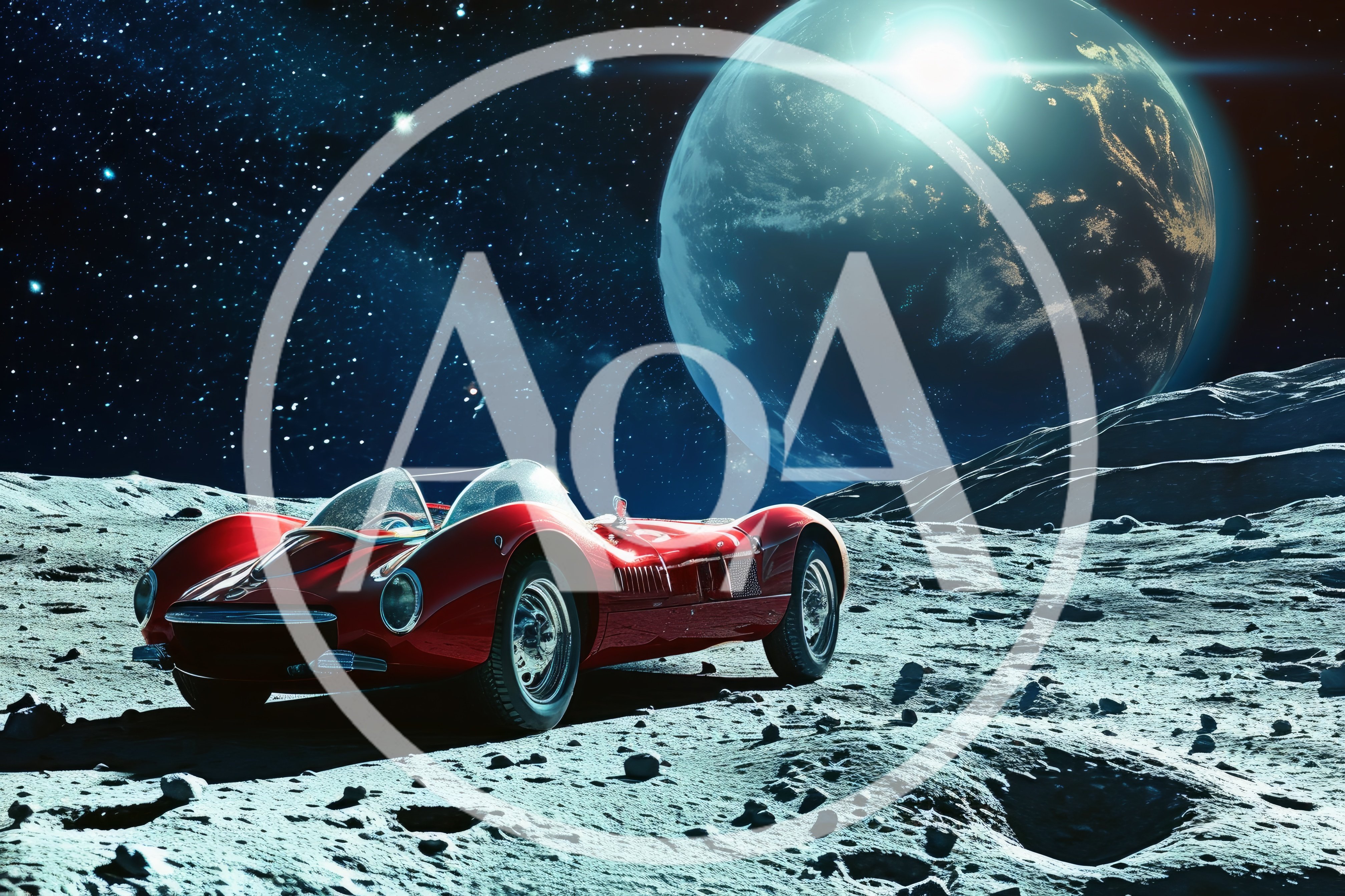 Vintage Red Sports Car Parked On Lunar Surface