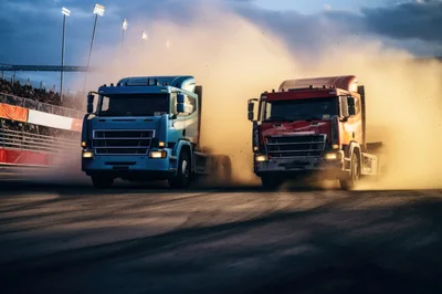 Two Semi Trucks Racing on a Dirt Track
