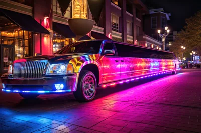 Neon Lit Stretch Limousine Parked On City Street