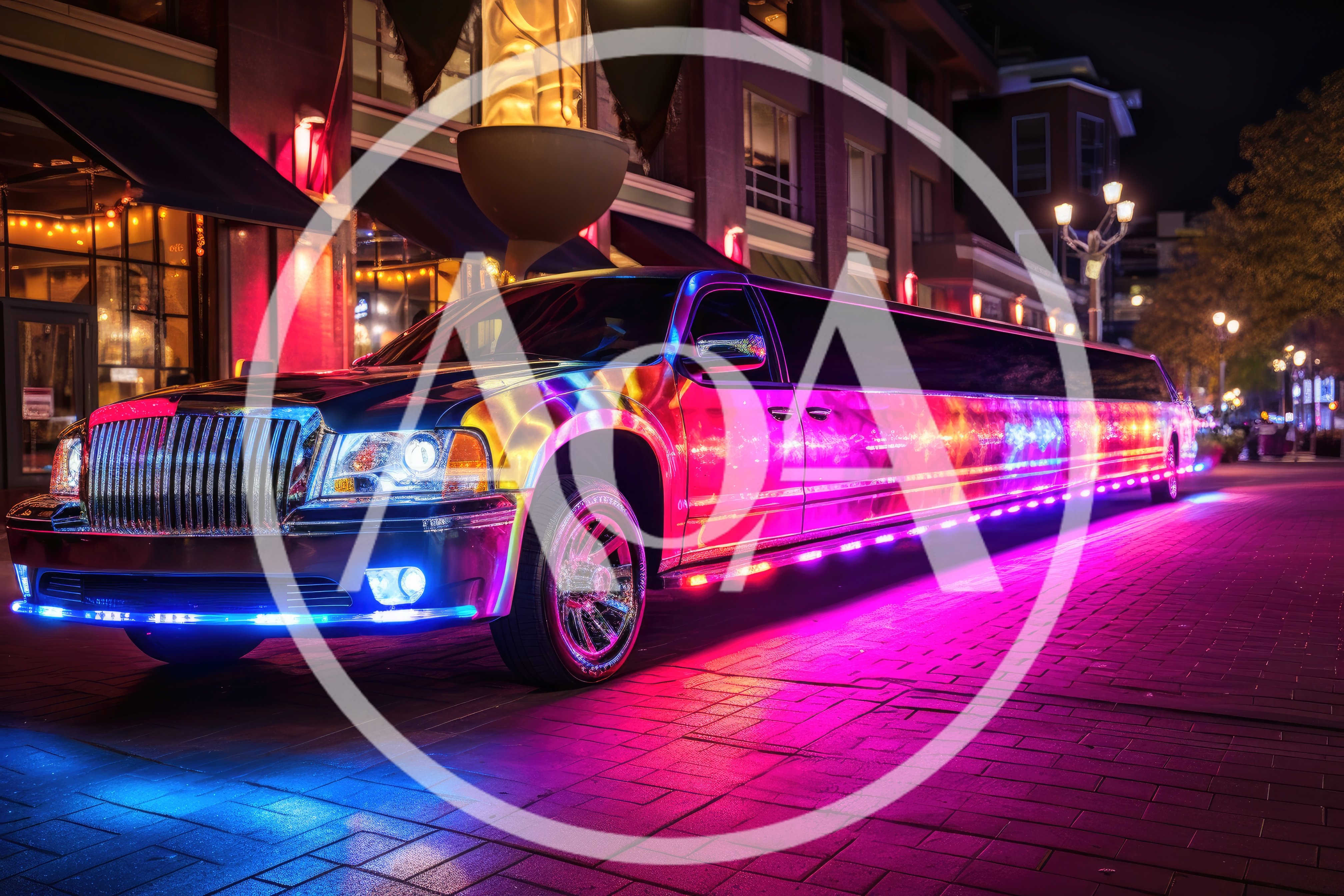 Neon Lit Stretch Limousine Parked On City Street