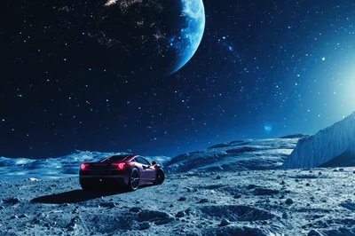 Red Sports Car Parked on Lunar Surface