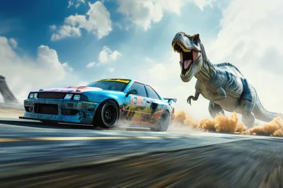 T-Rex Chasing A Drifting Sports Car