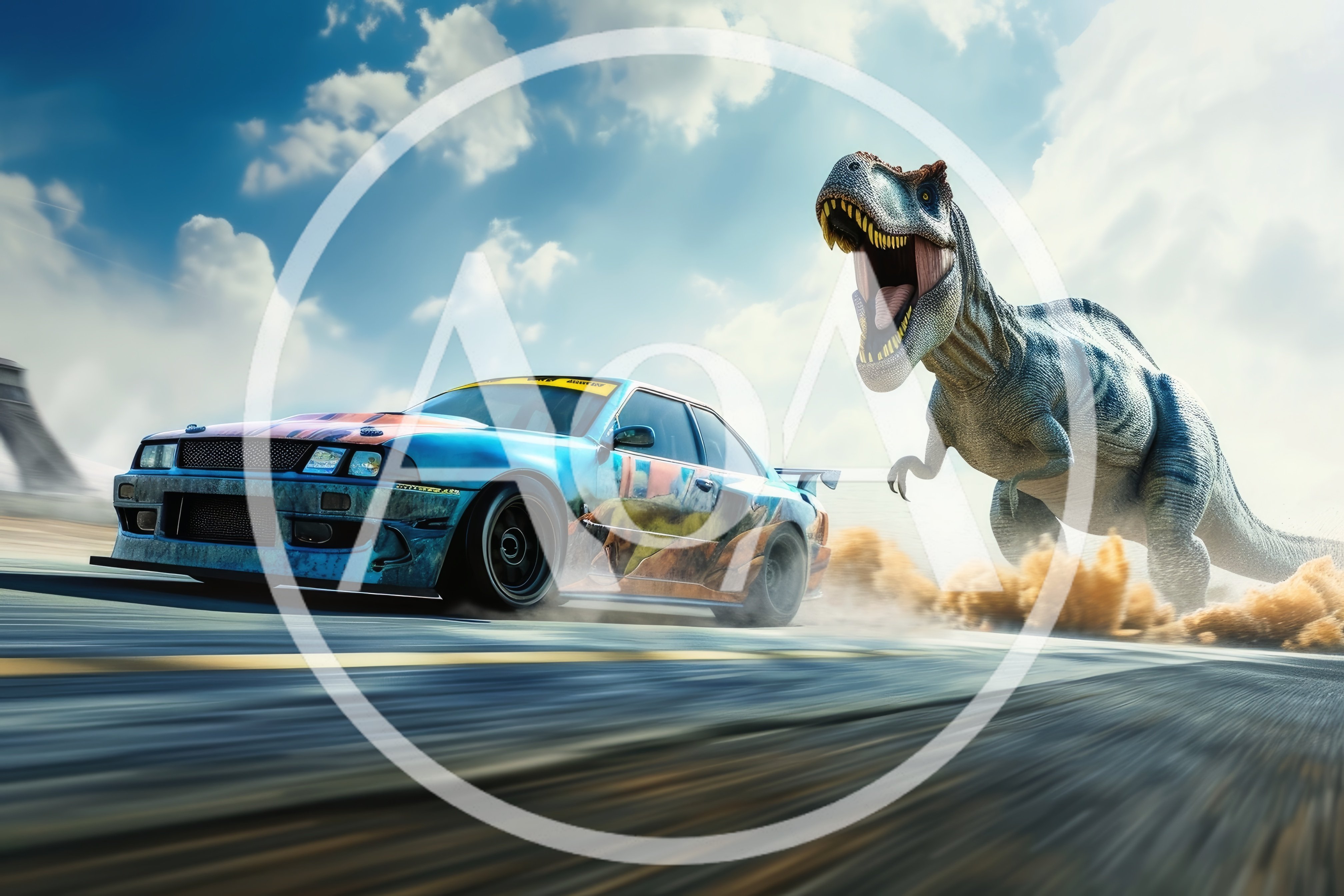 T-Rex Chasing A Drifting Sports Car