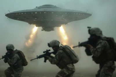 Soldiers Advancing Toward A Hovering Alien Spaceship