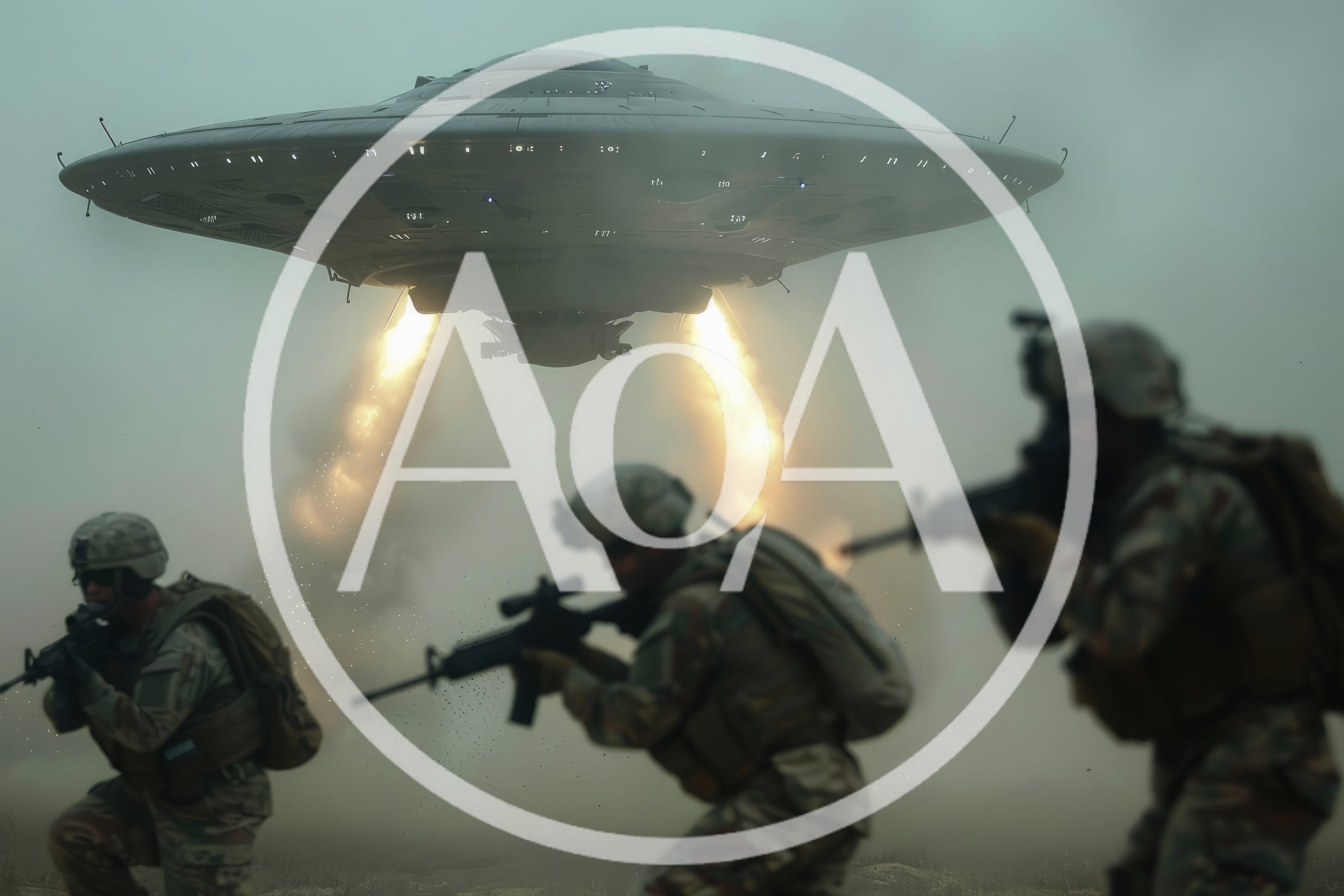 Soldiers Advancing Toward A Hovering Alien Spaceship