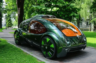 Futuristic Green Concept Car Parked In A Park
