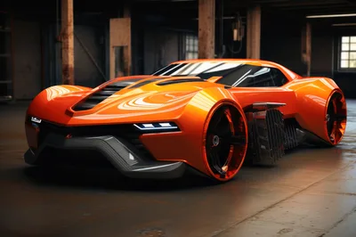 Futuristic Orange Concept Sports Car In Industrial Warehouse