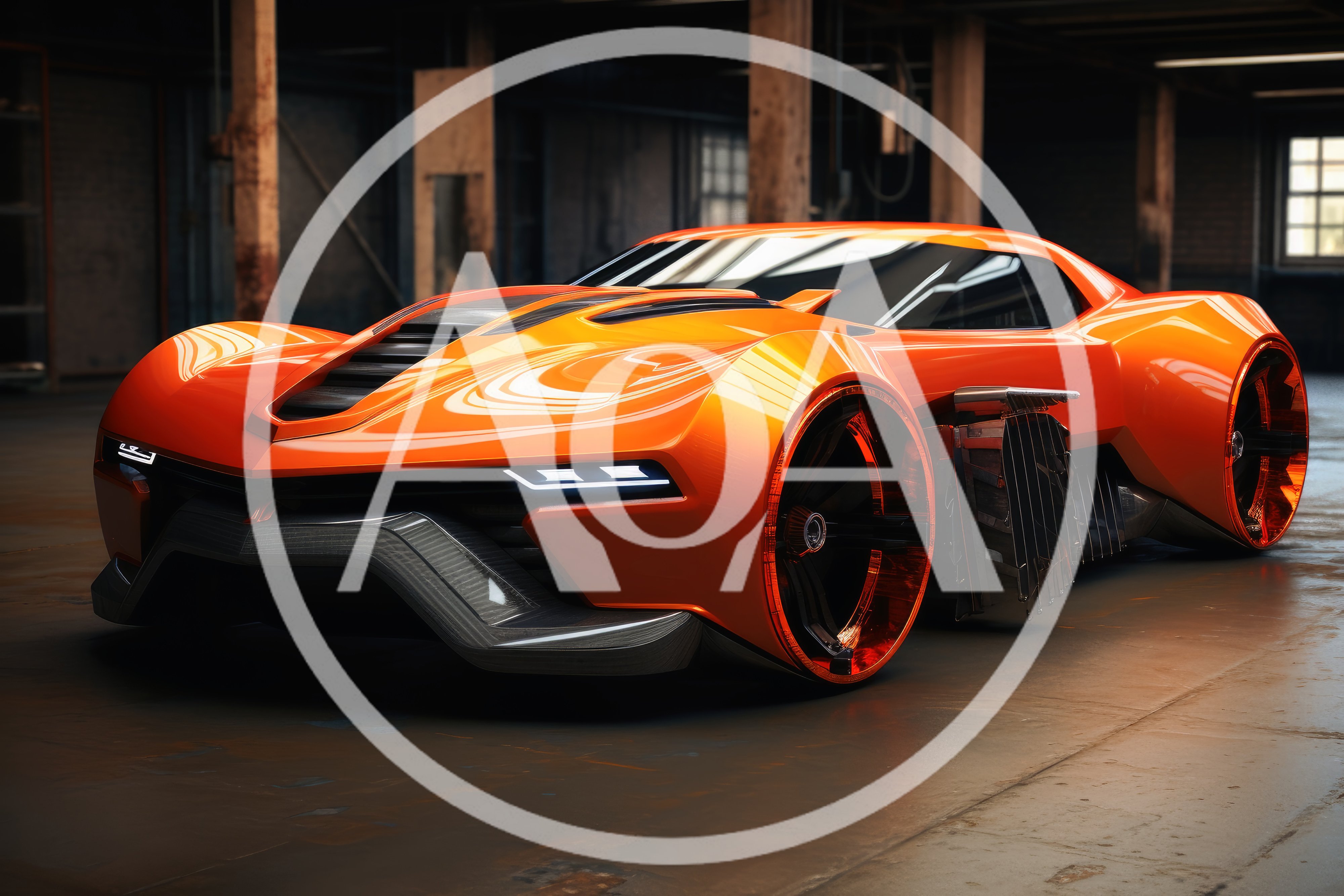 Futuristic Orange Concept Sports Car In Industrial Warehouse