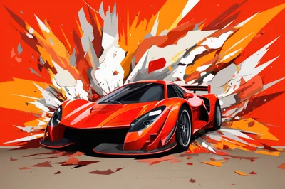 Red Sports Car With Abstract Explosive Background