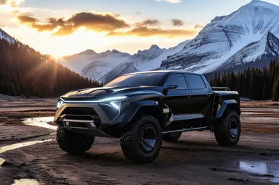 Futuristic Black Off-Road Pickup Truck In Mountain Landscape