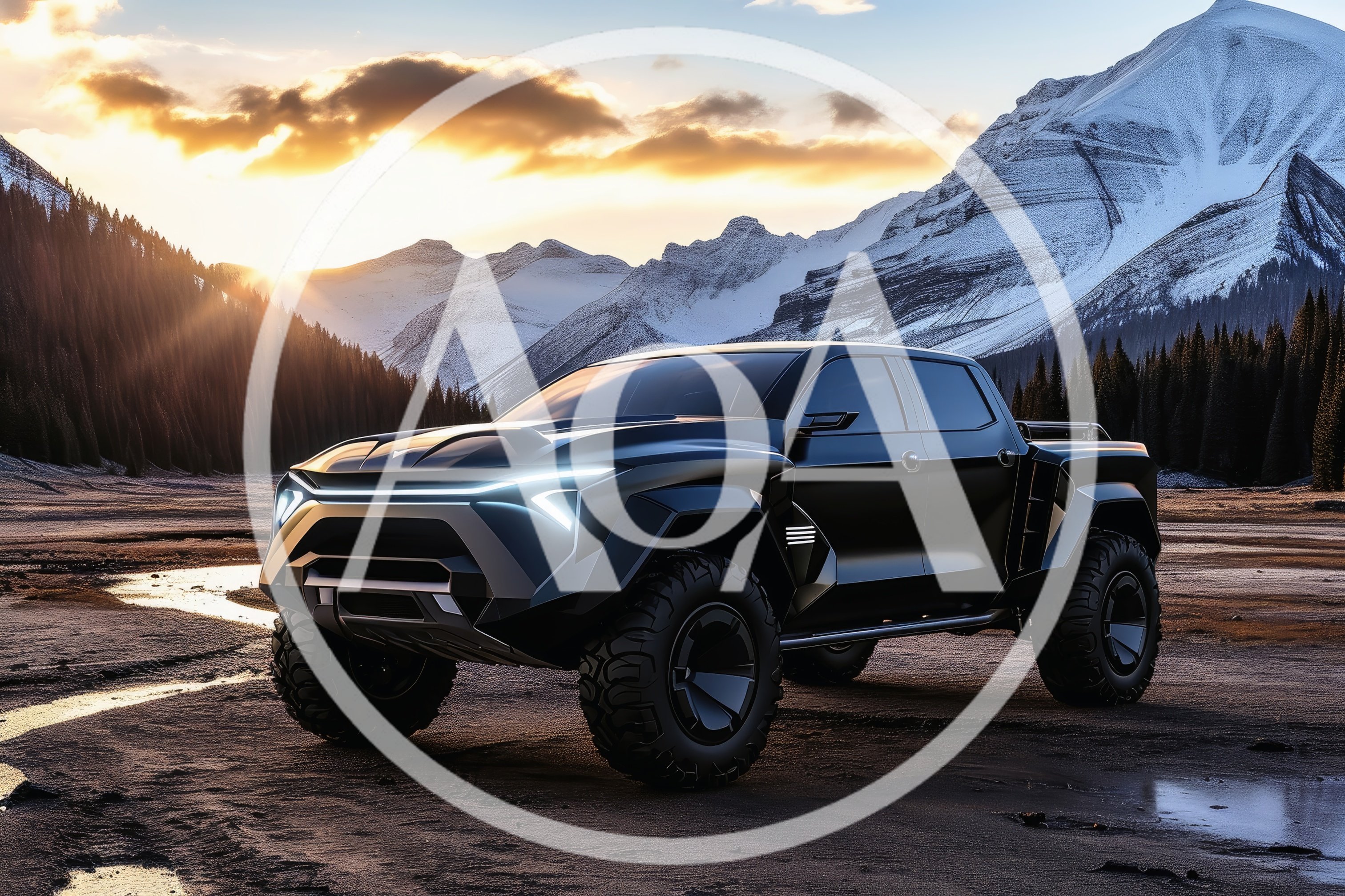 Futuristic Black Off-Road Pickup Truck In Mountain Landscape
