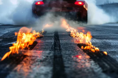 Red Sports Car Performing A Burnout With Flames