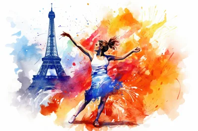 Watercolor Illustration Of A Woman Dancing Before Eiffel Tower